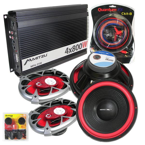 4 CH 800W Car Audio Amplifier 2 12" Subwoofer 2 6X9" Speakers Subs Wire