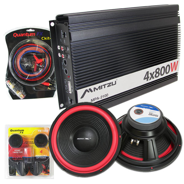 800W Car Audio Amplifier 2 12" Car Subwoofers Sub Amp Amp Wire Kit