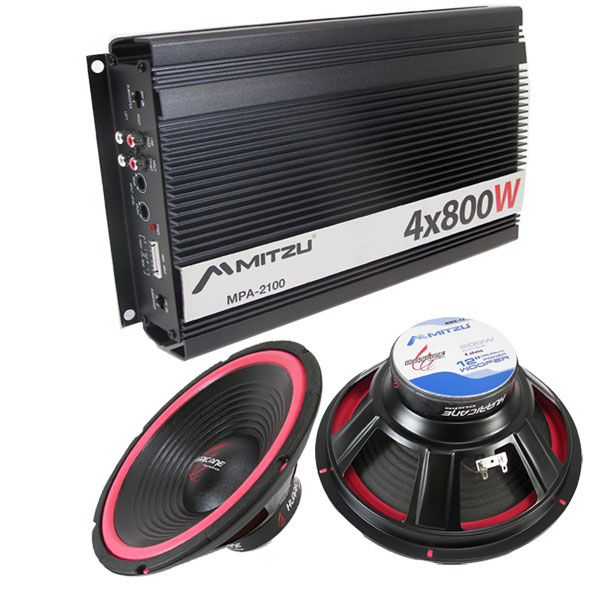 800W 4 Channel Car Audio Amplifier 2 12" Subwoofers Subs Amp Sub